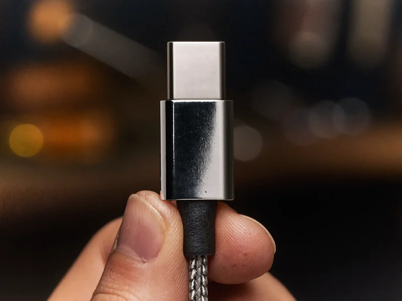 Nahaufnahme einer USB-C-Steckerspitze zwischen den Fingern an der Werkbank